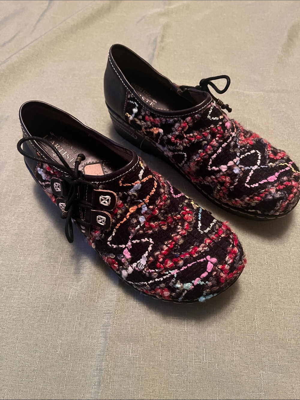L’ Artiste Black Multicolor Knit Lace-Up Mule